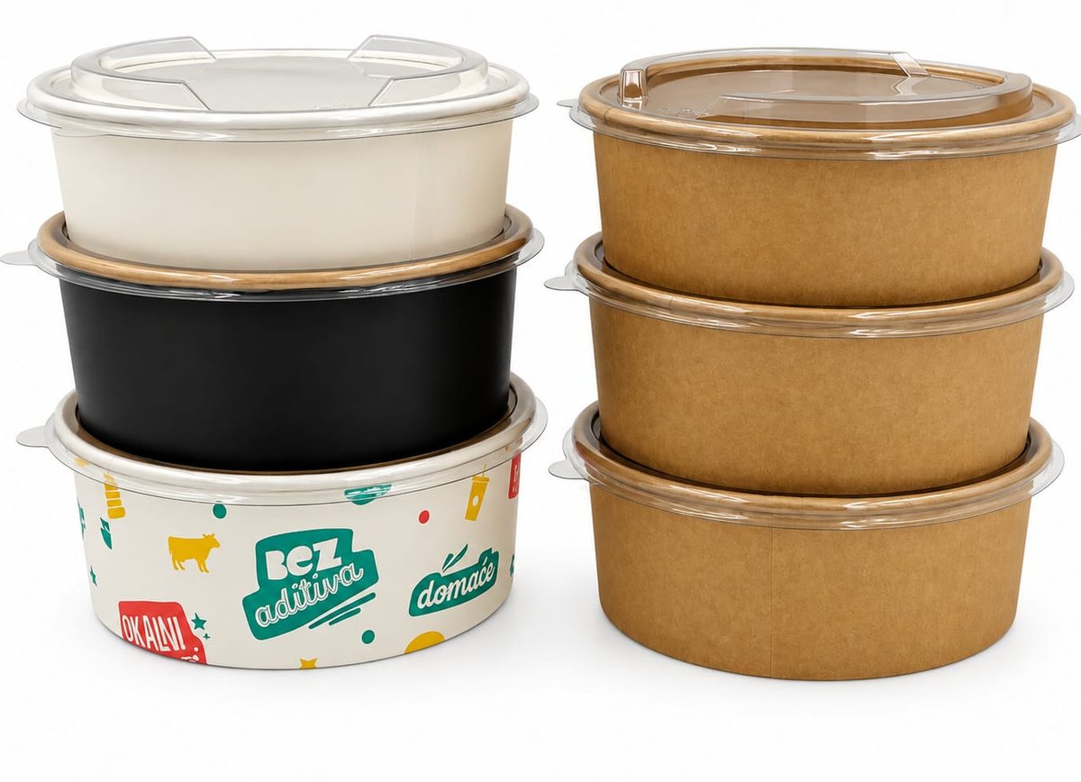Eco Craft kraft, black and printed paper salad bowls with PET lids